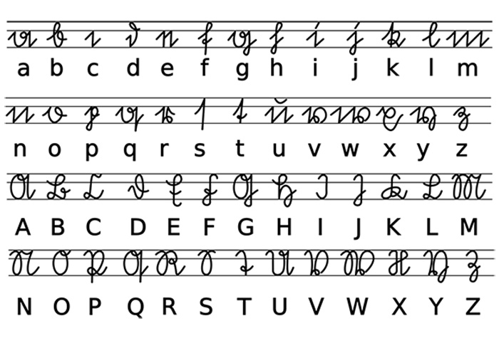 Skrivsstilsformen Sütterlin i alfabetet från bokstaven a till och med z.