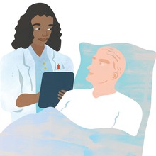En illustration av en läkare och en patient. 