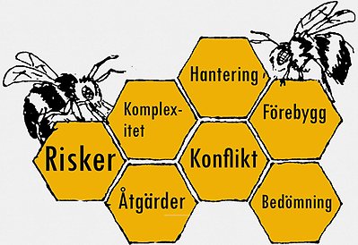 Animerad bild med två bin och bikupor  med ord ord i varje kupa som: Risker, Konflikt, Åtgärder, Hantering, Förebygg, Bedömning, Komplexitet.